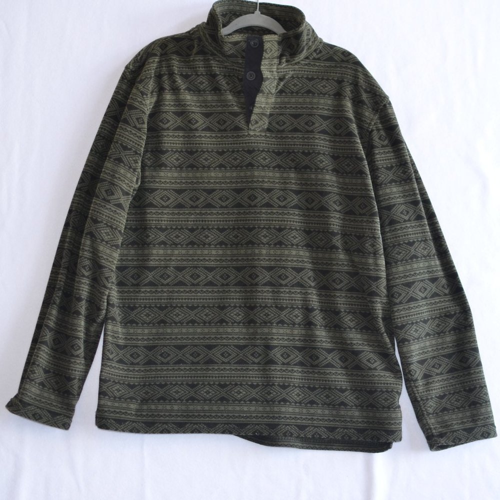 Vintage Y2K Aztec Print LL Bean Fleece Quarter Button, Size Large Tall